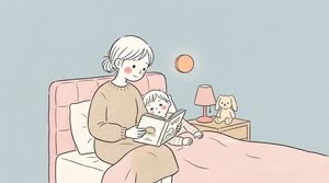 寝る前に母親が読み聞かせをして子供が眠くなっていく寝室の様子