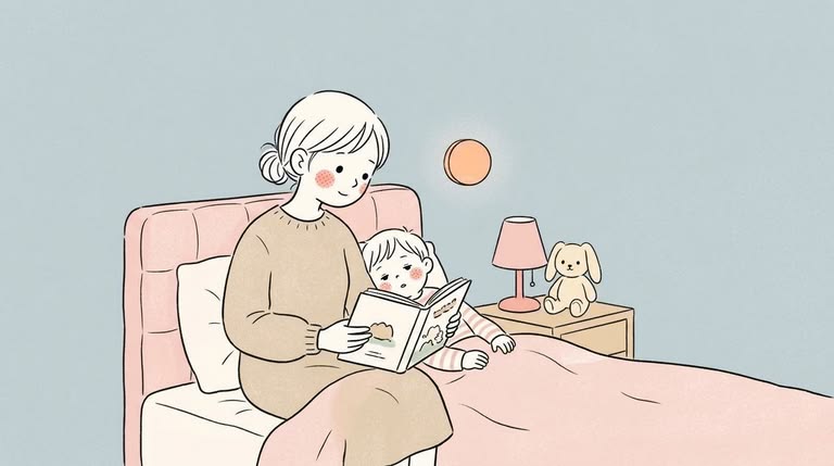 寝る前に母親が読み聞かせをして子供が眠くなっていく寝室の様子