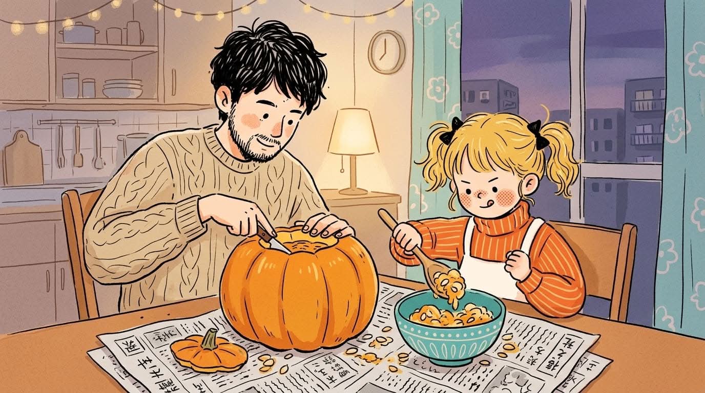 親子で顔を彫ったかぼちゃを一緒に作る様子、飾る楽しみ方を伝えるハロウィンの家庭の場面
