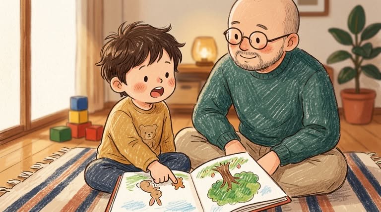 child-parent-interactive-reading-question 子が絵本のページを指差し親と会話しながら読み聞かせを楽しむ考えを表す場面