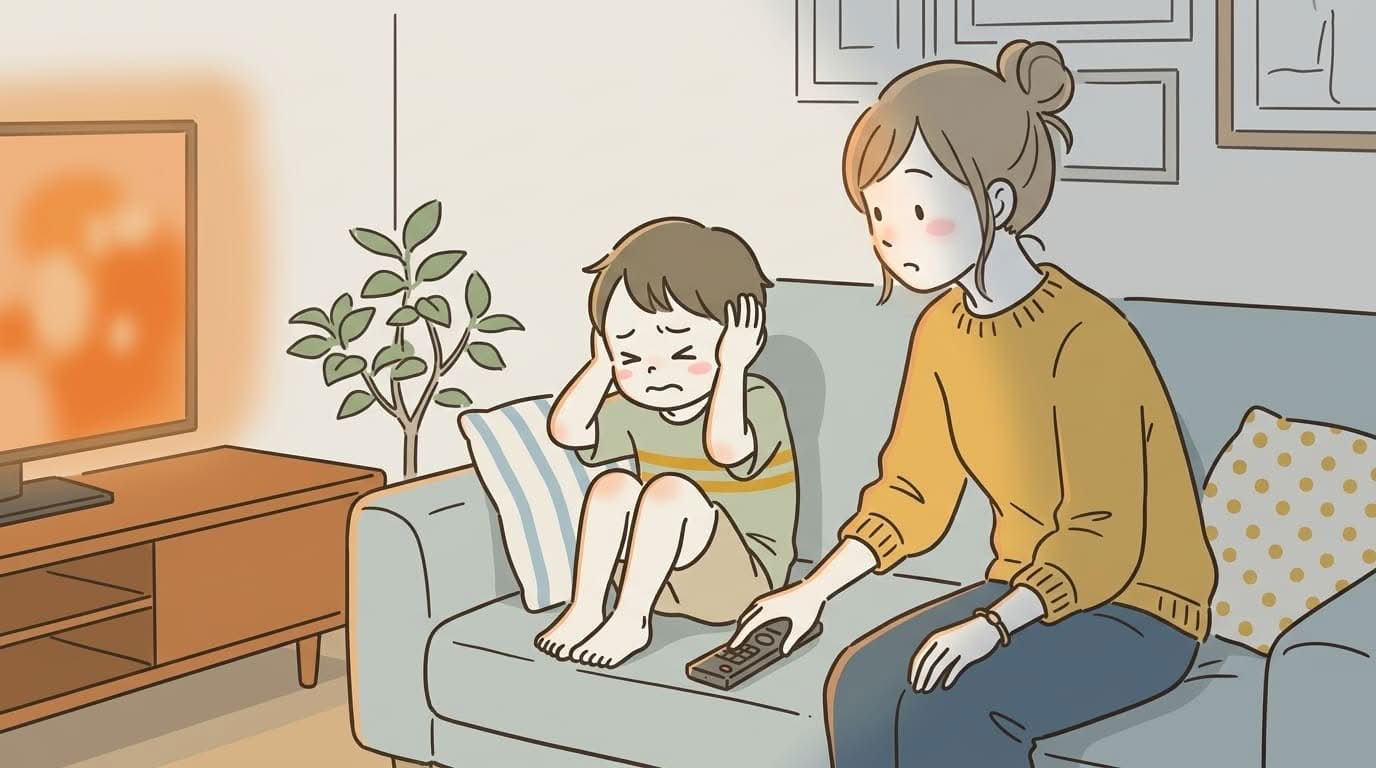 怖がる子どもとリモコンで一時停止しようとする母親、無理せず途中でやめる大切さを表す一枚