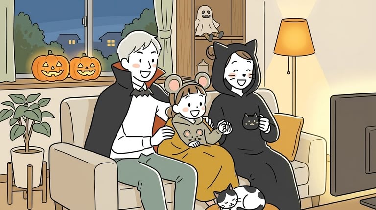 家族でソファに座りハロウィン映画を見て笑う夜のリビングの様子