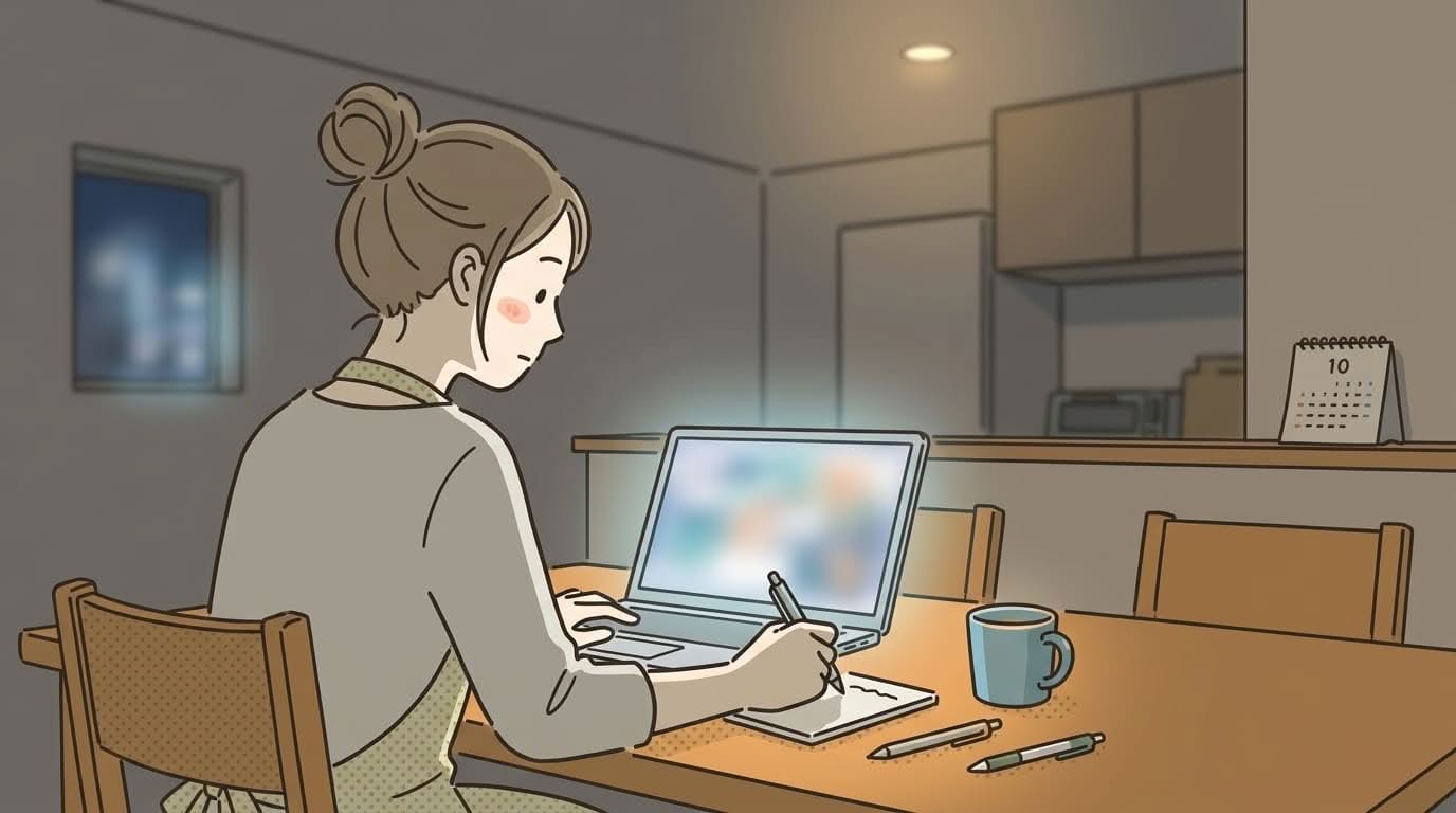 10月の夜に一人で作品の内容を事前に確認する親のノートパソコン前の様子