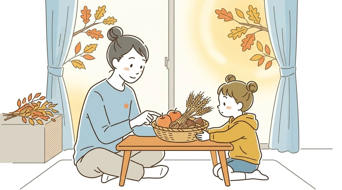 ハロウィンの由来と意味を秋の収穫で親子に説明する場面