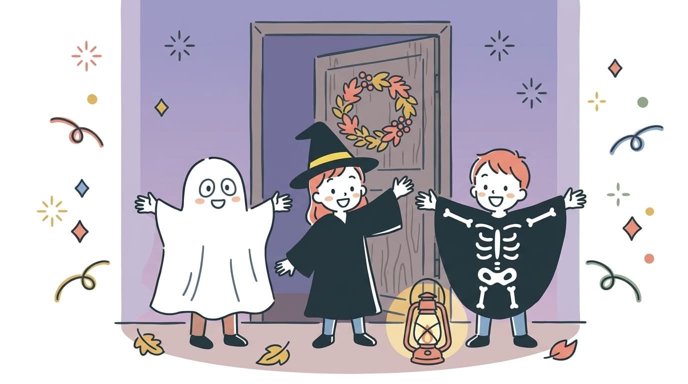 ハロウィンの怖い仮装で変身する子どもたちの場面