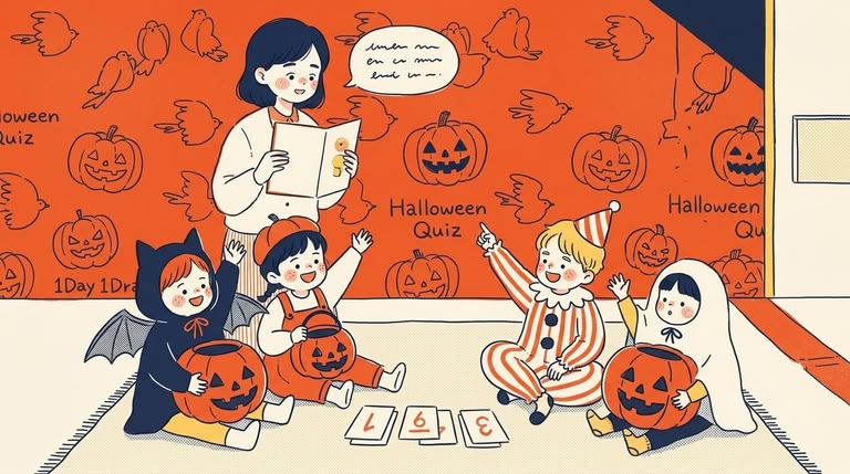 先生と子どもたちが教室でハロウィンクイズの問題に答えて盛り上がる様子