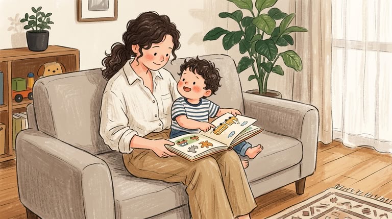 parent-child-picture-book-reading-daytime 母親が子供を膝に乗せて絵本の読み聞かせを楽しむ昼下がりのリビングの様子