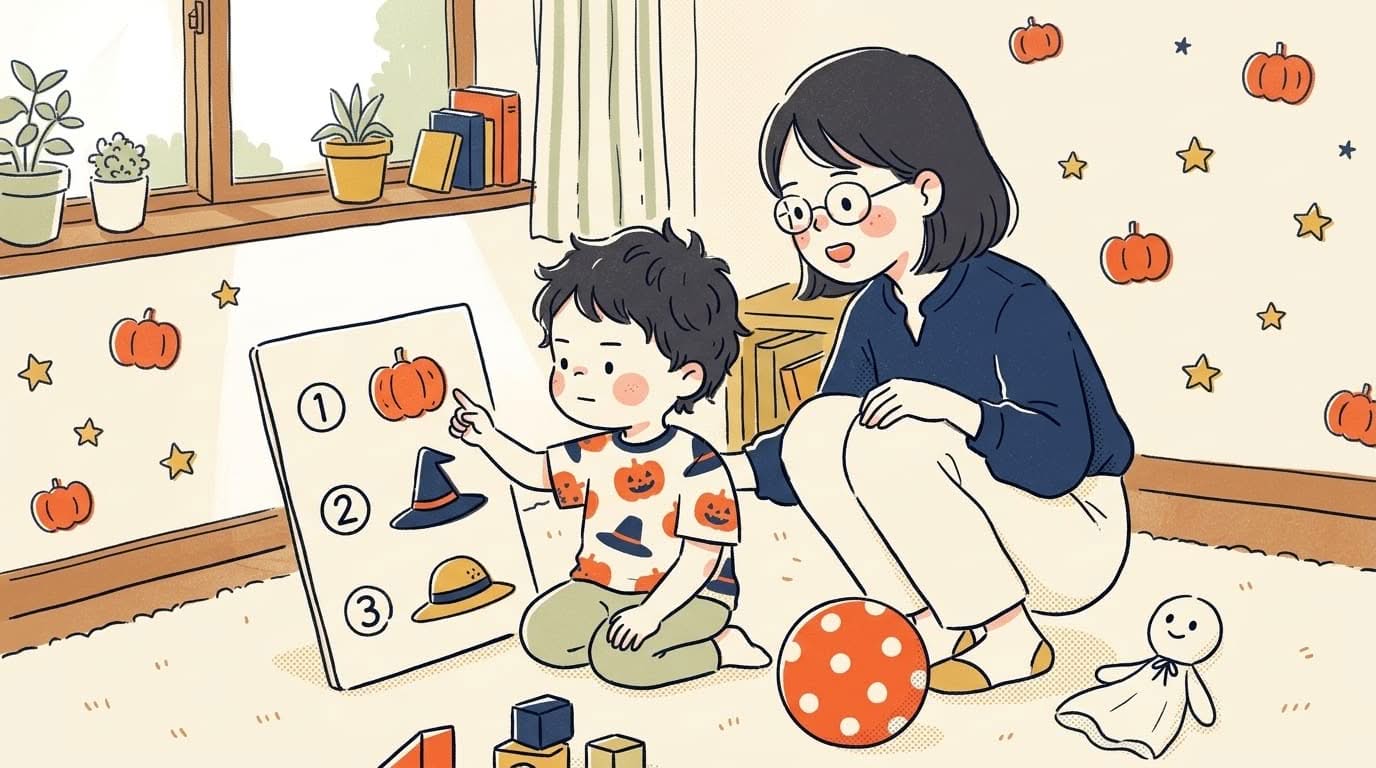 幼児が親と一緒にやさしいハロウィンクイズの問題に答えようとしている様子
