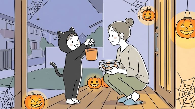 Child in a black cat costume hands a small orange bucket to a smiling woman on a Halloween-decorated porch with jack-o'-lanterns.