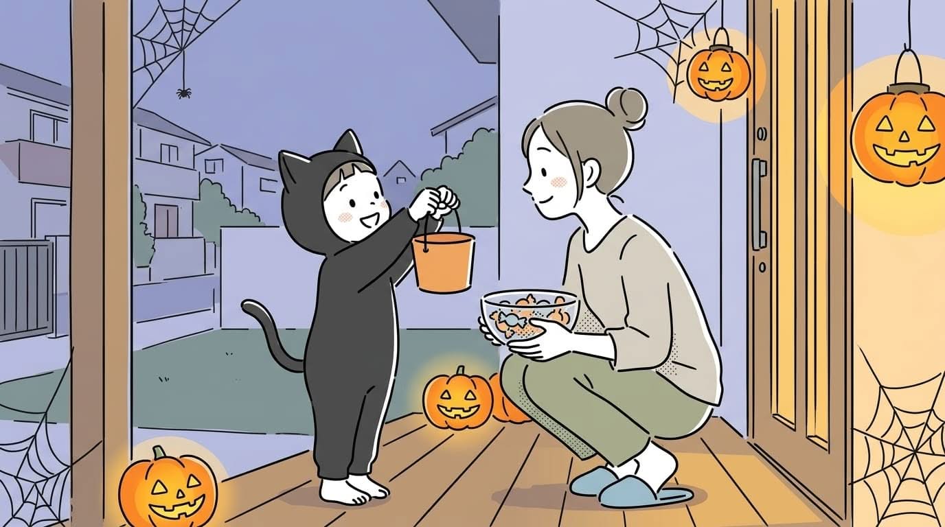 trick-or-treat-meaning-parent-child-halloween Child in a black cat costume hands a small orange bucket to a smiling woman on a Halloween-decorated porch with jack-o'-lanterns.
