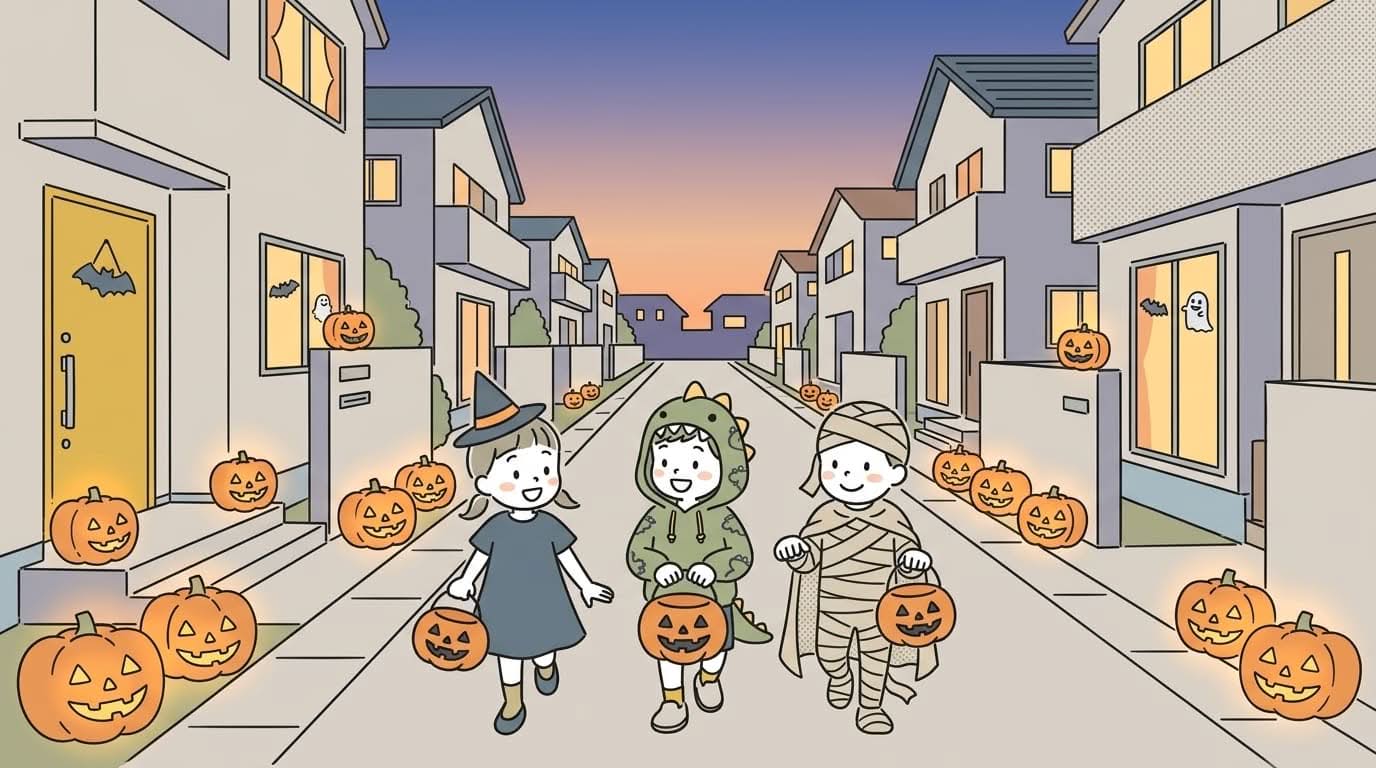 仮装した子どもたちがジャックオーランタンの灯る夕暮れの道を歩くハロウィンの由来を表す場面