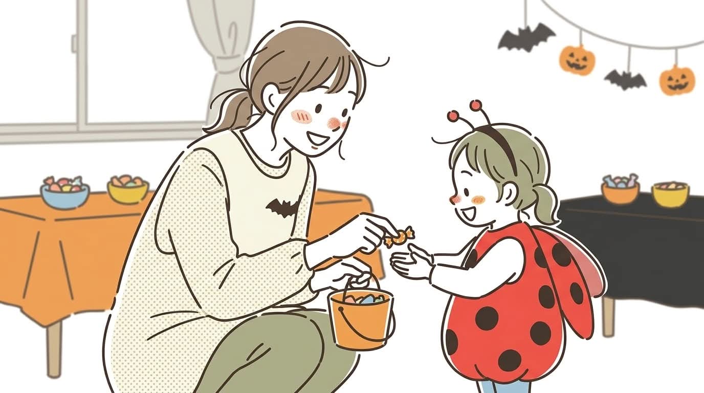 保育士が仮装した女の子にお菓子を手渡す園のハロウィンパーティーでの返事のやり取りの様子