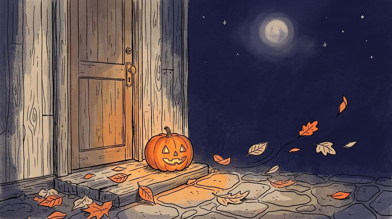 玄関先に灯る一つのかぼちゃランタン、なぜハロウィンにかぼちゃを飾るのか象徴する夜の情景