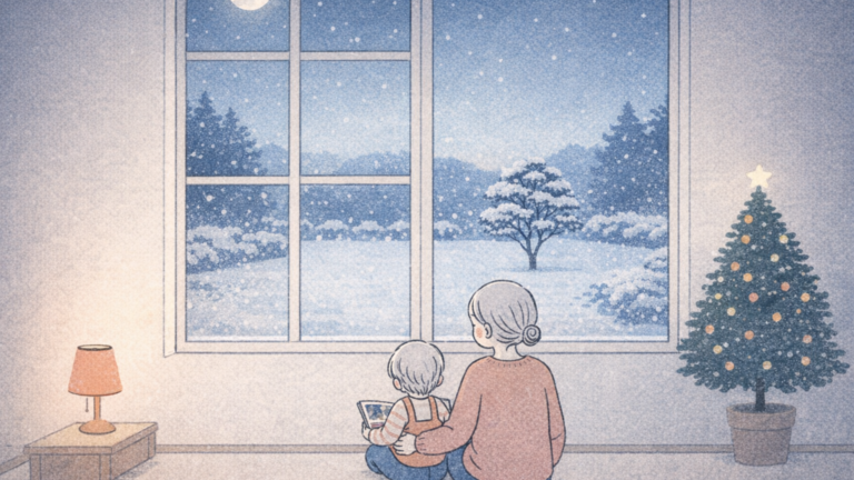 サンタさんを待つ夜の窓辺で絵本を抱える親子