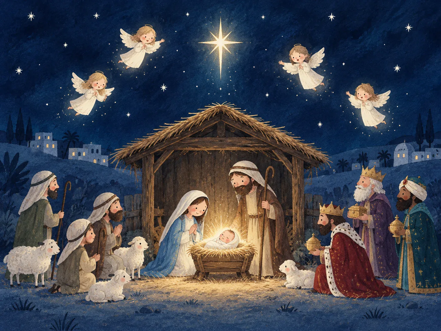 クリスマスページェントのお話 羊飼い、博士、天使たちが、飼い葉桶の赤ちゃんとマリア、ヨセフを囲む、クリスマスのお話のイラスト