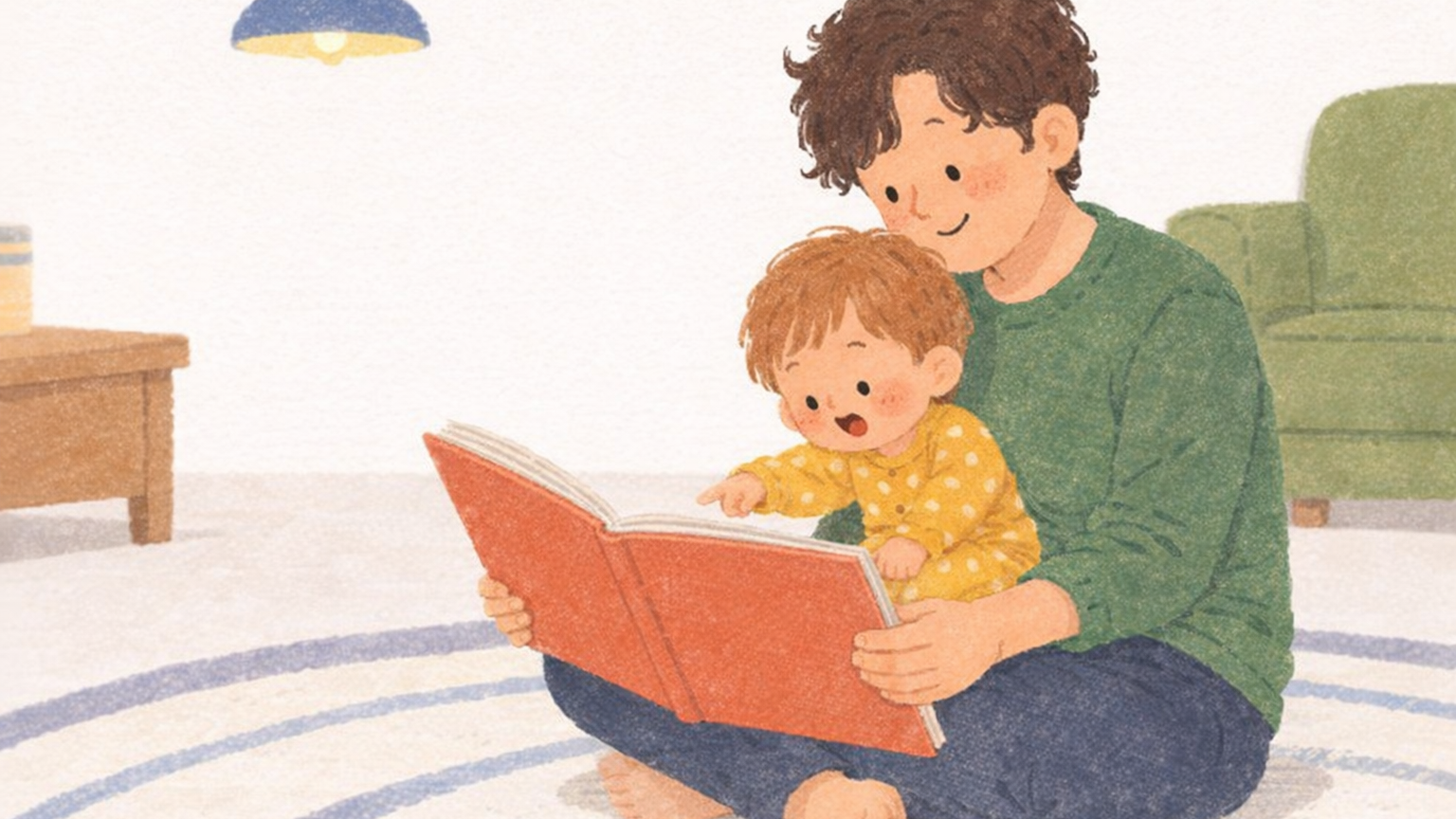 父親の膝で3〜4歳の子どもが絵本のちょうのページを指差して驚く様子