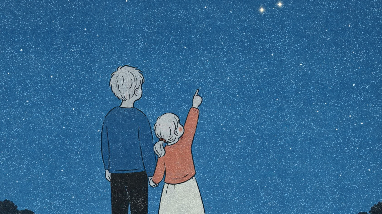 冬の夜空でオリオン座を手がかりにふたご座を探す親子のイラスト
