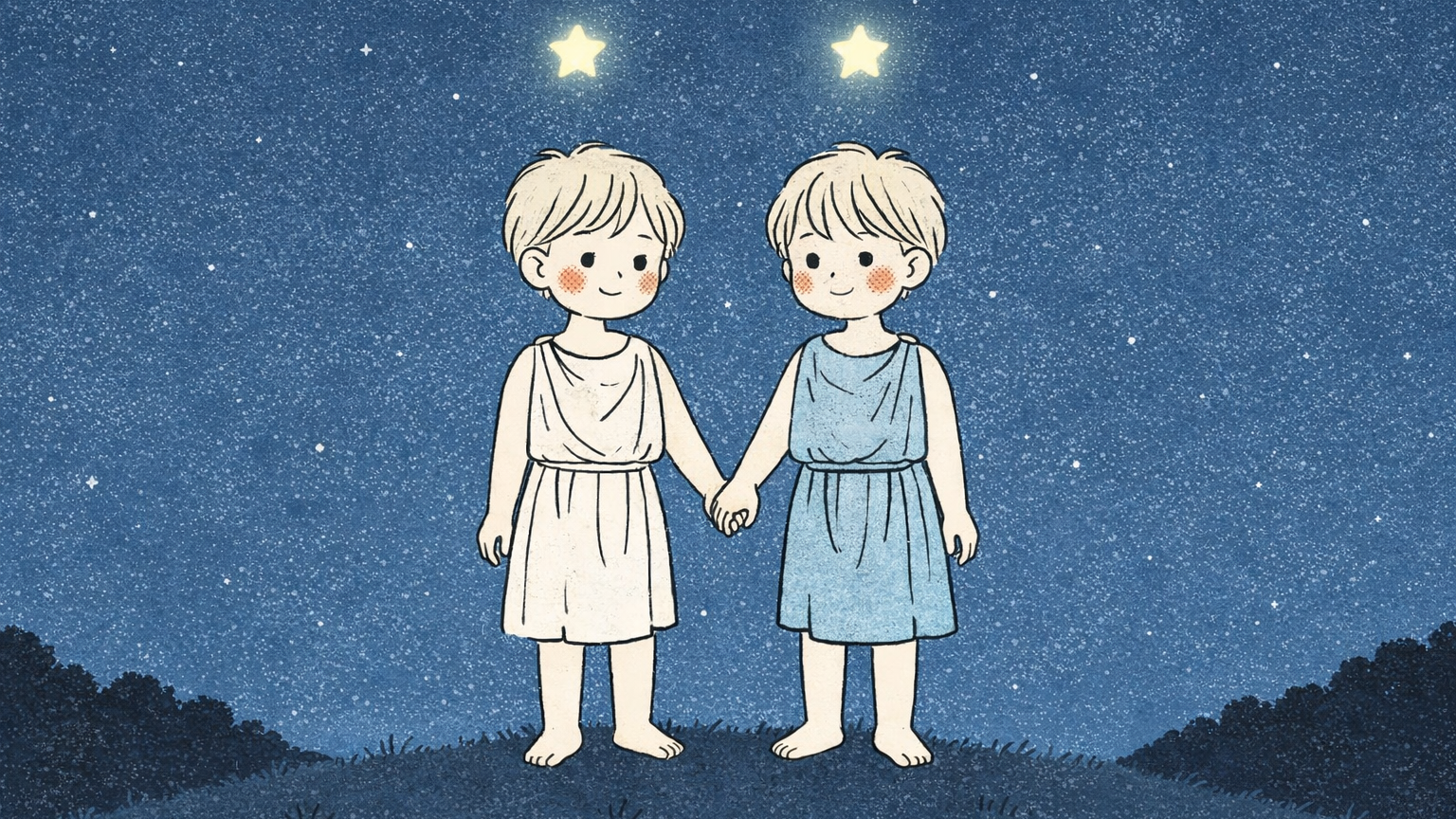 ふたご座の神話カストルとポルックスの双子キャラクターが夜空の下で寄り添うイラスト