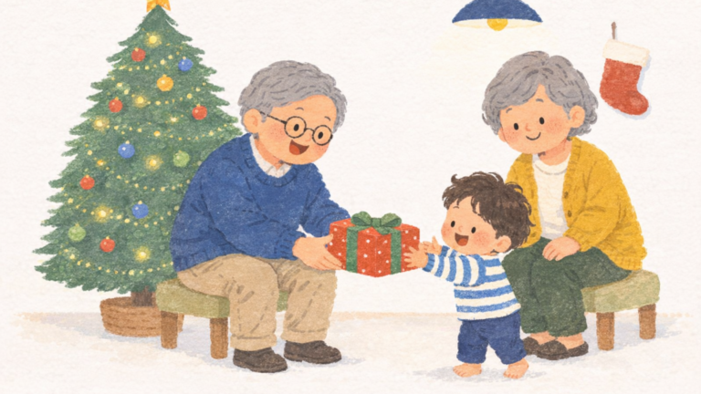 孫へのクリスマスプレゼントを手渡すおじいちゃんとおばあちゃん