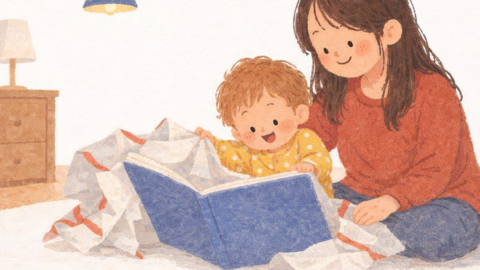 1歳の誕生日に大判の絵本のプレゼントを開ける子どもの様子