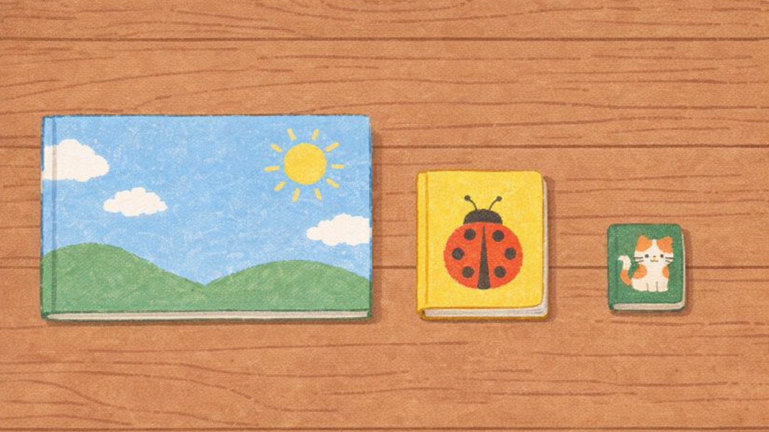 大判・ボードブック・ミニ版の絵本を比べるフラットレイ画像