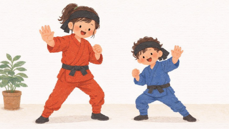 ninja-mother-child-play 親子で忍者ごっこをして楽しむ母親と子どものイラスト