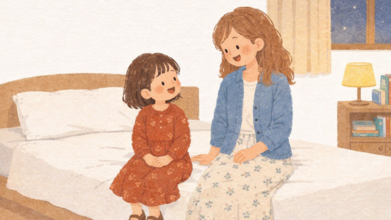 ベッドに座って話す子どもたちのイメージ