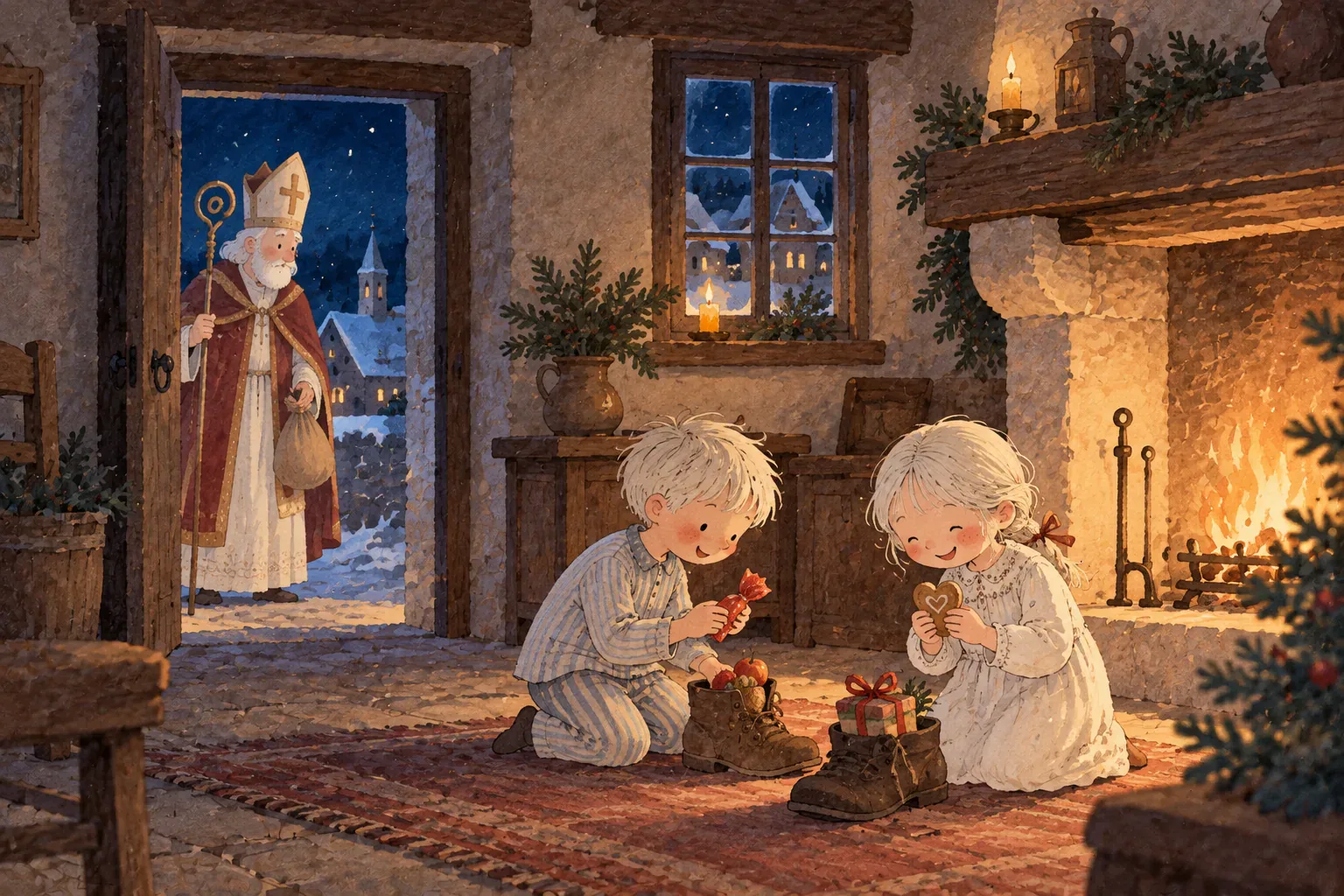 12月6日、靴に入った贈り物 暖炉のある部屋で、パジャマ姿の男の子と女の子が、靴に入った贈り物を取り出して喜び、戸口には袋を持った聖ニコラウスが立っているイラスト